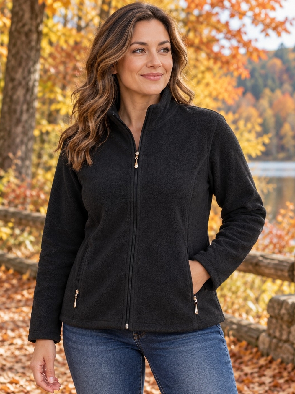Karen Scott Black Full-Zip Utility Fleece Jacket
